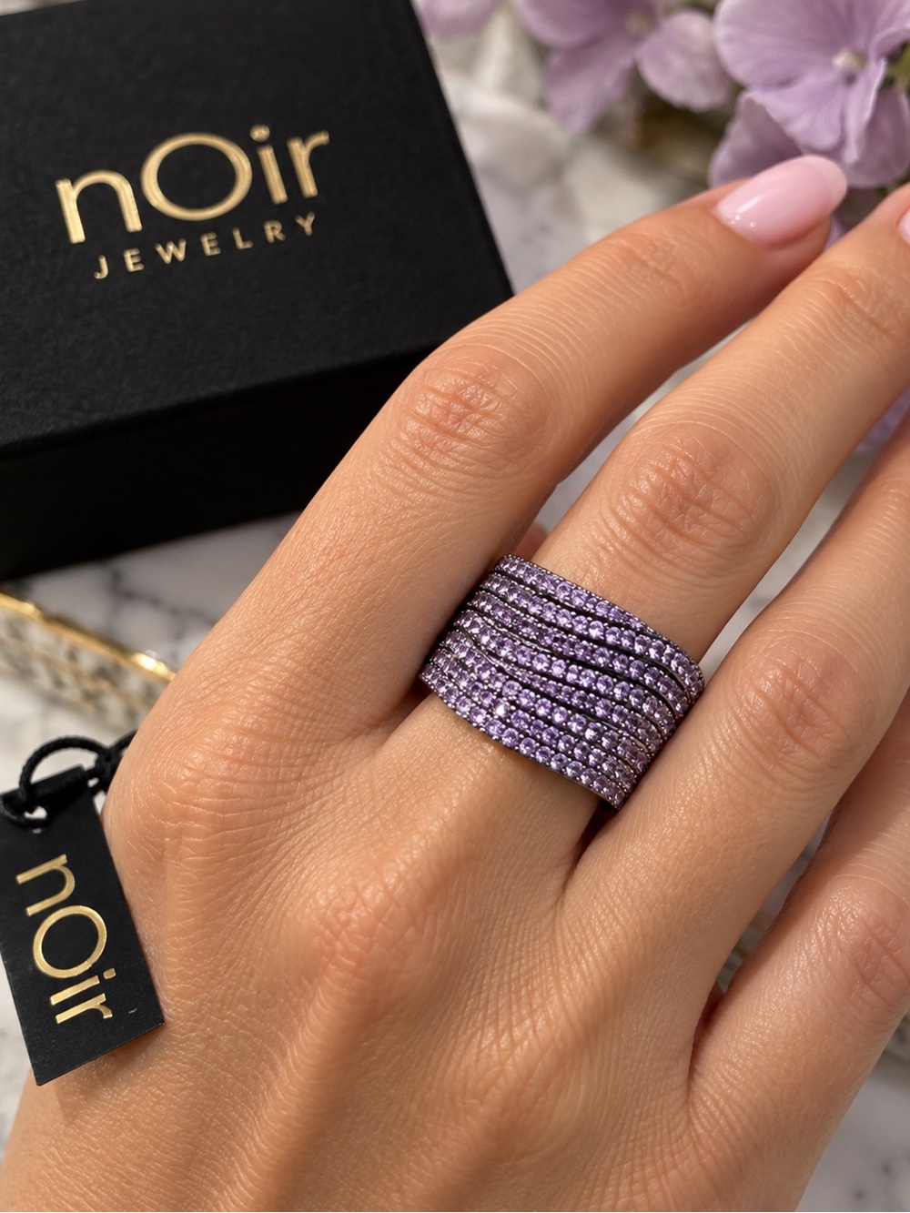 nOir Jewelry Lavender Crystal Multi Row Statement Ring NWT Size 5.5/6